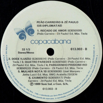LP Peão Carreiro e Zé Paulo Álbum Os Diplomatas Ano de